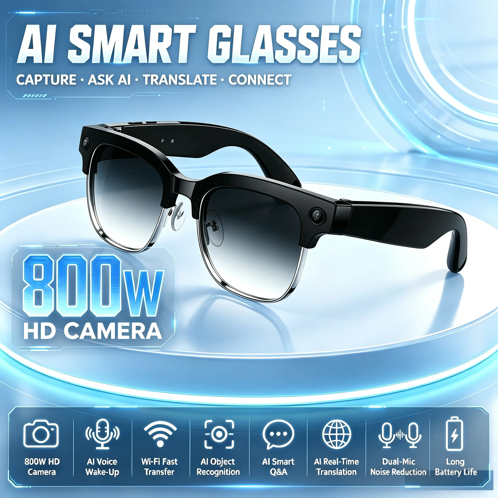 Smart Audio Glasses Touch Control - KI-Smart-Brille mit Sprachaktivierung, Hey-Lens, Objekterkennung, Touch-Steuerung,